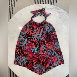 Aqua Green Halter Patterned Swimsuit Tankini Top sz M Built in Cups